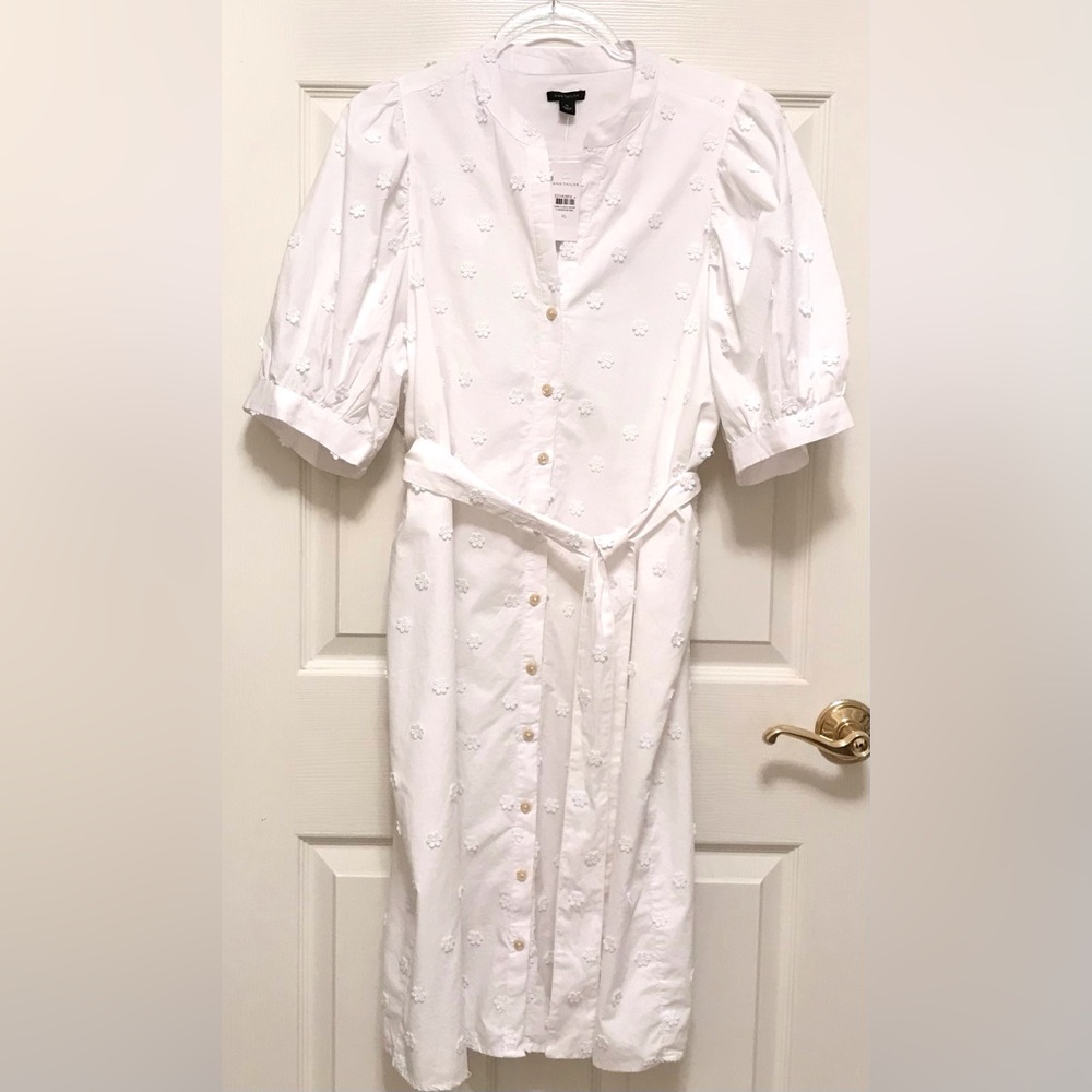 NWT Ann Taylor White Floral Appliqué Tie Waist Shirtdress - Picture 5 of 16